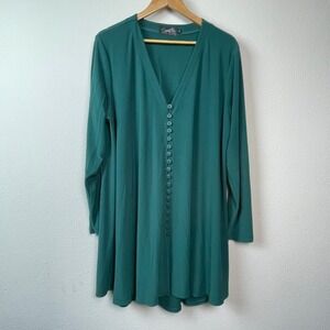 Sympli Tunic Women 1X Teal Green Slinky V-Neck Long Sleeve Lagenlook Minimalist